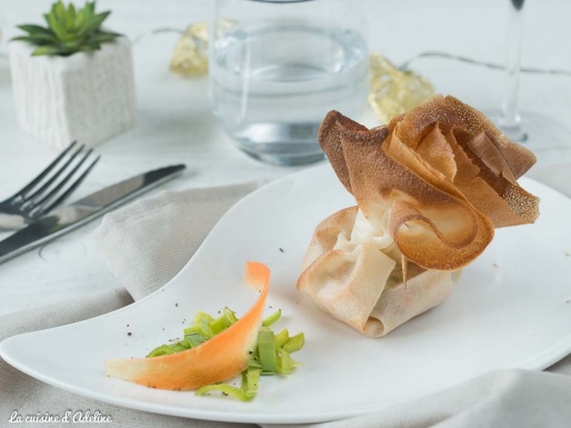 Aumônière aux noix de st jacques crevettes et légumes recette