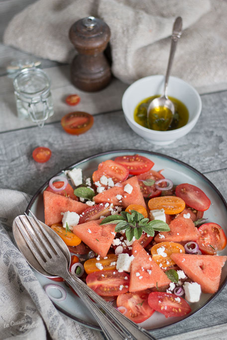 Salade tomate pastèque fêta basilic